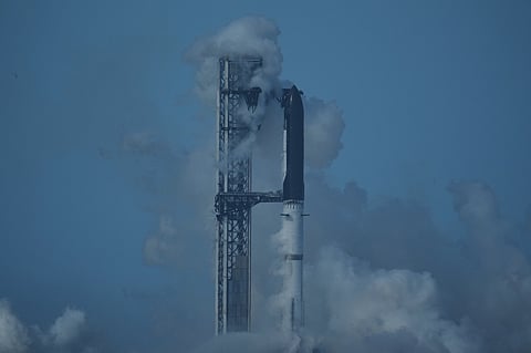 SpaceX's mega rocket Starship stands ready but was aborted before liftoff, in Starbase, Texas, Thursday, July 16, 2026.