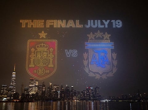 The Final July 19 visual with the crests of Spain and Argentina is displayed against the Manhattan skyline during the FIFA Drone show in New York/New Jersey at Liberty State Park