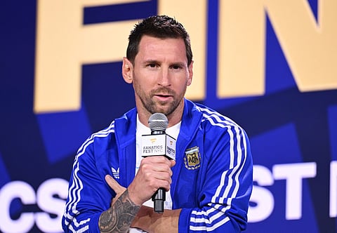 Lionel Messi speaks onstage during the FIFA World Cup 2026 press conference at Fanatics Fest NYC 2026.