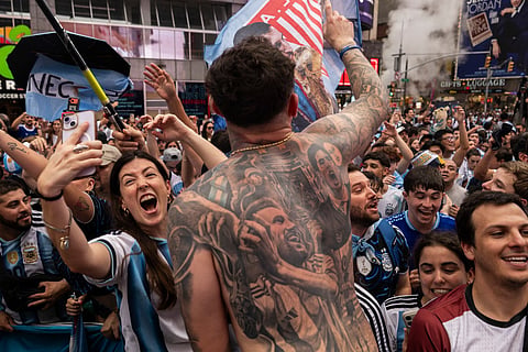 Fans of Argentina show support to their team ahead of the FIFA World Cup 2026 Final Match against Spain at Times Square on July 18, 2026 in New York City.