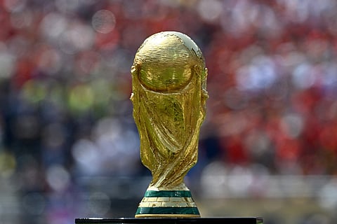 The trophy is pictured before the 2026 World Cup football tournament final match between Spain and Argentina at the New York/New Jersey Stadium in East Rutherford on July 19, 2026.