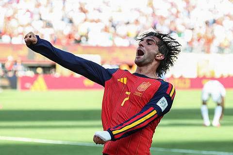 Spain's forward #07 Ferran Torres celebrates scoring his team's first goal during the 2026 World Cup football tournament final match between Spain and Argentina at the New York/New Jersey Stadium in East Rutherford on July 19, 2026.