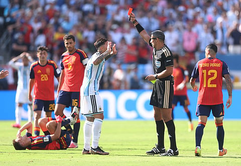 Referee Slavko Vincic shows a red card to Enzo Fernandez #24 of Argentina during the FIFA World Cup 2026 Final match between Spain and Argentina at New York New Jersey Stadium on July 19, 2026 in East Rutherford, New Jersey.