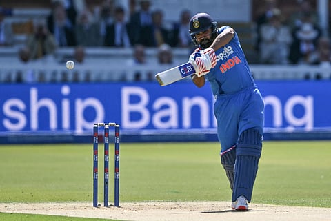 India's Rohit Sharma plays a shot during the third one-day international (ODI) cricket match between England and India at Lord's cricket ground in London on July 19, 2026.
