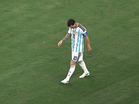 Lionel Messi of Argentina reacts during the FIFA World Cup 2026 Final match between Spain and Argentina at New York New Jersey Stadium on July 19, 2026 in East Rutherford, New Jersey.