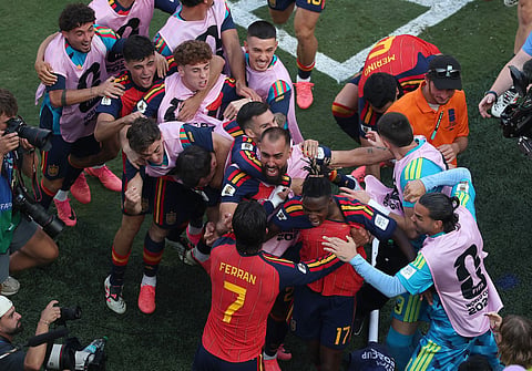 Ferran Torres #7 of Spain celebrates with teammates after scoring the team's first goal during the FIFA World Cup 2026 Final match between Spain and Argentina at New York New Jersey Stadium on July 19, 2026 in East Rutherford, New Jersey.