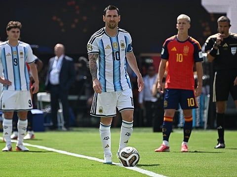 Argentina's forward #10 Lionel Messi looks on before the 2026 World Cup football tournament final match between Spain and Argentina at the New York/New Jersey Stadium in East Rutherford on July 19, 2026.
