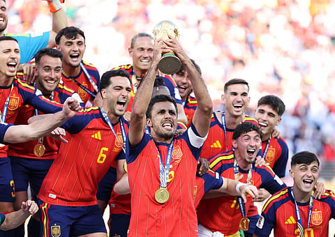 Rodri #16 of Spain lifts the FIFA World Cup Winner’s Trophy after the team’s victory following during the FIFA World Cup 2026 Final match between Spain and Argentina at New York New Jersey Stadium on July 19, 2026 in East Rutherford, New Jersey.