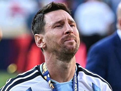 Argentina's forward #10 Lionel Messi cries after losing the 2026 World Cup football tournament final match between Spain and Argentina at the New York/New Jersey Stadium in East Rutherford on July 19, 2026.