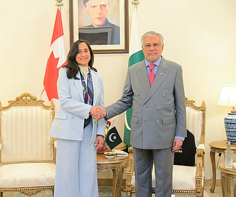 Canadian Foreign Minister Anita Anand during meeting with Ishaq Dar, Deputy Prime Minister and Foreign Minister of Pakistan during her visit to Islamabad.