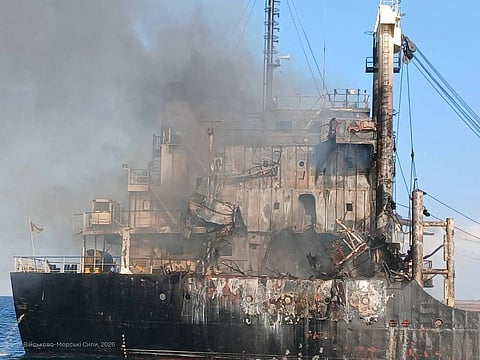 The destroyed civilian cargo ship Golden Leo on the Black Sea, following an alleged Russian missile strike. Ukraine's navy said on July 19, 2026 that Russian missile strikes on a Turkish-owned cargo ship carrying grain had killed six people on board, while another four crew members were missing.