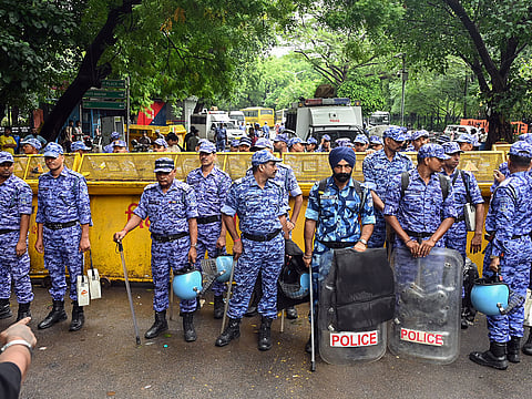 RAF personnel deployed at the Cockroach Janta Party (CJP) protest site at Jantar Mantar, in New Delhi on Tuesday, July 21, 2026.