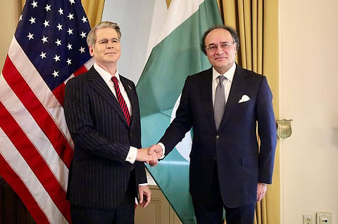 Finance Minister of Pakistan Muhammad Aurangzeb during talks with US Treasury Secretary Scott Bessent in Washington on Tuesday