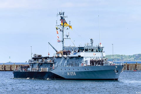 German minehunter "Fulda". The Germany Embassy in London said the vessel is fitted with the latest high-resolution sonar tech enabling it to detect, identify and neutralise sea mines.