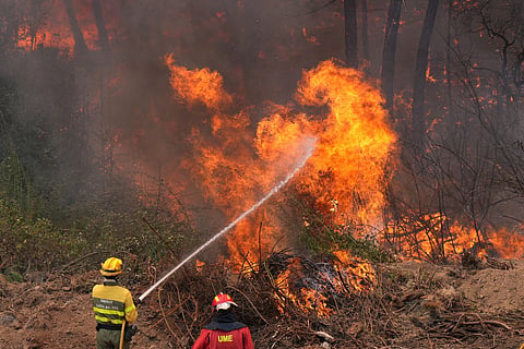 Spain's Military Emergencies Unit (UME) and Castilla-y-Leon unit's firefighters battle a fire in a forest next to La Atalaya residential area in El Tiemblo, 80 kms west of Madrid, on July 25, 2026 amid wildfires that have burned up to 25,000 hectares.