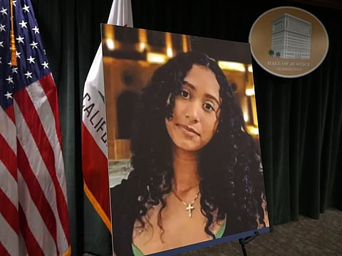 A photo of Celeste Rivas Hernandez is displayed Monday, April 20, 2026, in Los Angeles for a press conference regarding the case of singer D4vd, who was charged on suspicion of killing the 14-year-old girl whose dismembered body was found in his car.