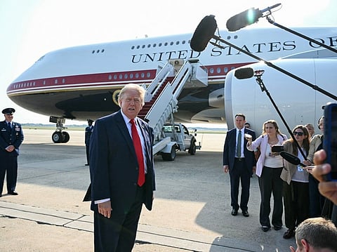 US President Donald Trump speaks to the press before he boards Air Force One for his first flight aboard the Boeing 747-8 that Qatar gifted the US to use for executive travel, at Joint Base Andrews, in Maryland, July 1, 2026.