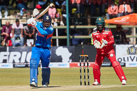 India's Vaibhav Sooryavanshi plays a shot during the third Twenty20 international cricket match between Zimbabwe and India at Harare Sports Club in Harare, on July 26, 2026.