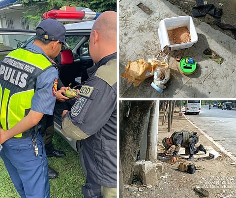 These photos released to members of the media on July 27, 2026 show Philippine National Police (PNP) personnel investigating the improvised explosive device found at the centre island, near the Senate of the Philippines, along Diokno Boulevard in Pasay City, one of the 16 component cities of Metro Manila.