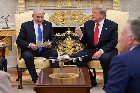 This handout picture released by the Israeli Government Press Office (GPO) Shows Israel's Prime Minister Benjamin Netanyahu (L) meeting with US President Donald Trump in the Oval Office of the White House in Washington DC, on July 28, 2026.