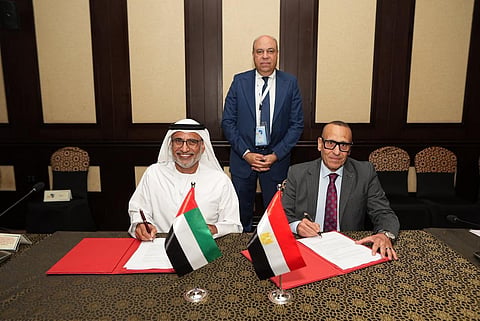 Saif Mohammed Al Suwaidi, Director General of the UAE General Civil Aviation Authority (GCAA) and Captain Sameh Fawzy, President of the Egyptian Civil Aviation Authority (ECAA) ink the pact.