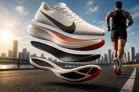Layered marathon racing shoe revealing its carbon plate