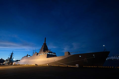 FILE - Japan Maritime Self-Defense Force (JMSDF) Mogami-class stealth frigate JS Mikuma is seen anchored at the JMSDF naval base in Yokosuka, Japan, Friday Sept. 5, 2025. (Yuichi Yamazaki/Pool Photo via AP, File)