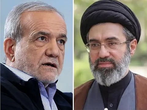 Iran Supreme Leader Mojtaba Khamenei (right) and President Masoud Pezeshkian. Senior Iranian cleric Mohammad Bagher Kharrazi, who has family ties to Khamenei, has reportedly stated that the supreme leader would accept the president's resignation if Pezeshkian threatened to quit again.