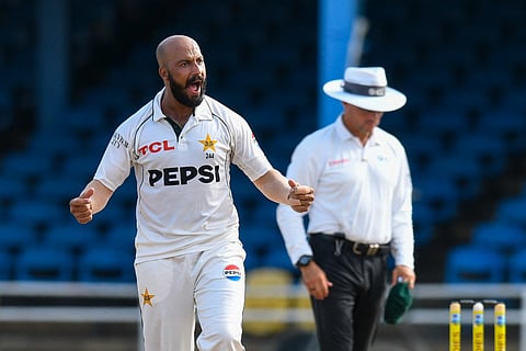 Sajid Khan of Pakistan celebrates the dismissal of unseen Amir Jangoo of West Indies during the third day of the second Test match between West Indies and Pakistan at Queen's Park Oval in Port of Spain, Trinidad and Tobago, on August 4, 2026.