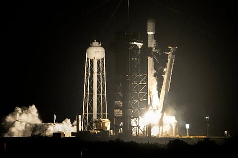 FILE - A SpaceX Falcon 9 rocket lifts off from pad 39A with a payload of a pair of lunar landers at the Kennedy Space Center in Cape Canaveral, Fla., Jan. 15, 2025. (AP Photo/John Raoux, File)