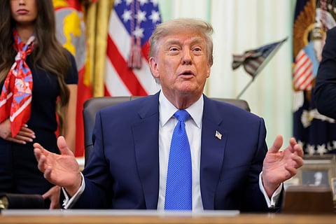 President Donald Trump speaks to reporters during an event in the Oval Office of the White House on August 10, 2026 in Washington, DC.