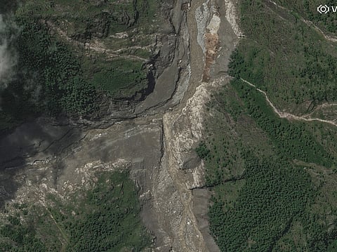 This handout satellite image taken and released by Vantor on August 27, 2026 shows an overview of the China-Nepal border and Gyirong Port/Rasuwagadhi border post after flash floods and landslides hit the area.