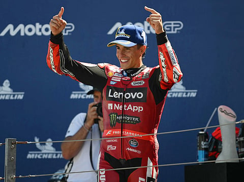 Team Ducati Lenovo Team's Marc Marquez celebrates on the podium after winning the MotoGP race of the Aragon MotoGP Grand Prix at the Motorland circuit in Alcaniz, northeastern Spain, on August 30, 2026.