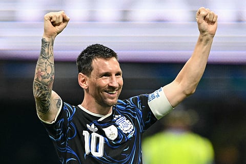 Argentina's forward #10 Lionel Messi celebrates after winning the 2026 World Cup football tournament semi-final match between England and Argentina at the Atlanta Stadium in Atlanta on July 15, 2026.