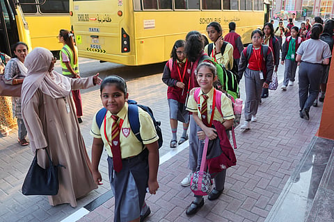 Students arrive at Indian High School in Oud Metha, Dubai campus after schoold in UAE resumed classes after the summer break. Photo: Virendra Saklani/Gulf News Photo: Virendra Saklani/Gulf News