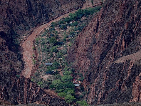 The campsite at Bright Angel Creek corridor at the Grand Canyon, which was hit with flash floods is seen from Grand Canyon Village, Arizona, on August 31, 2026.