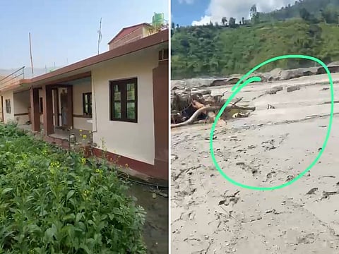 Before and after: The home Paribartan Nepal built after moving to the UAE in 2017, and the same site after the August 26 flash flood buried the house and swept away the farmland