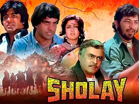 A poster featuring Amitabh Bachchan, Dharmendra, Hema Malini, Sanjeev Kumar and Amjad Khan from Ramesh Sippy’s 1975 classic ‘Sholay’.