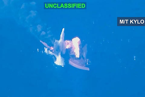 This screen grab made on September 5, 2026 from handout video footage released by the US Central Command (CentCom) on September 5, 2026 shows what CentCom says are strikes that destroyed three oil tankers linked to Islamic Revolutionary Guard Corps (IRGC) after the Iranian military organisation fired on American warships.