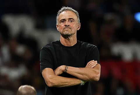Paris Saint-Germain's Spanish head coach Luis Enrique looks on during the French L1 football match between Paris Saint-Germain (PSG) and AS Monaco at the Parc des Princes stadium in Paris on September 4, 2026.
