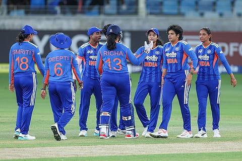 India Women team celebrate a wicket during their match against Pakistan at the Dubai International Cricket Stadium on Saturday.