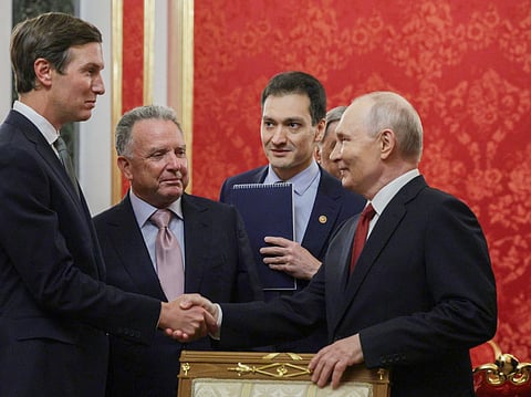 Russia's President Vladimir Putin (R) welcomes US special envoy Steve Witkoff (2nd L) and US President Donald Trump's son-in-law Jared Kushner (L) prior to their talks in Moscow on September 5, 2026.