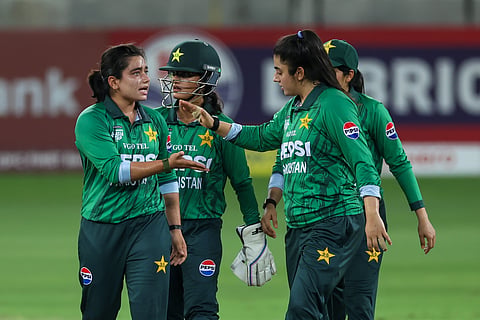Pakistan captain Fatima Sana celebrate after taking the wicket of Indian batsman Smriti Mandhana during the Women's Asia Cup match at Dubai International cricket stadium on Saturday. Photo: Virendra Saklani/Gulf News