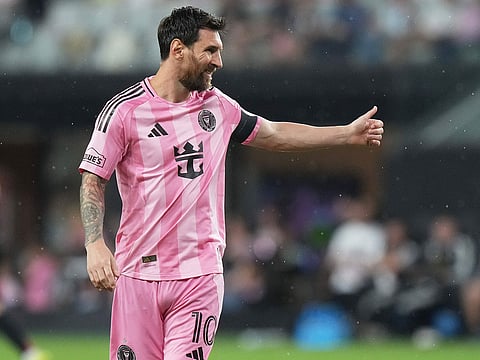 Inter Miami forward Lionel Messi (10) gestures during the second half of an MLS soccer match.