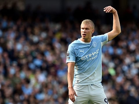 Manchester City's Erling Haaland celebrates scoring the team's first goal during the English Premier League match against Coventry City at the Etihad Stadium in Manchester, north west England, on September 5, 2026.