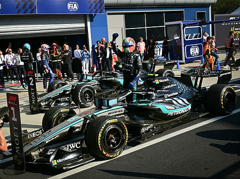Mercedes' Italian driver Kimi Antonelli celebrates after winning the Italian Formula One Grand Prix at the Autodromo Nazionale Monza circuit in Monza, northern Italy on September 6, 2026.