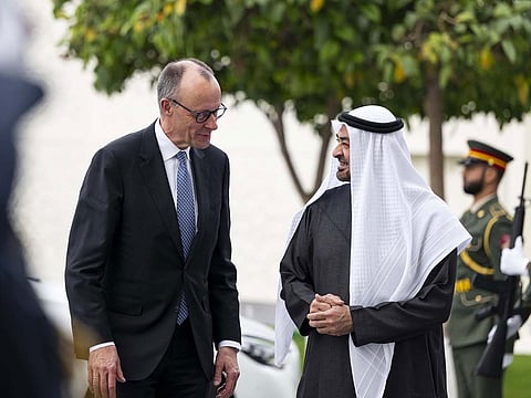 President His Highness Sheikh Mohamed bin Zayed Al Nahyan with German Chancellor Friedrich Merz during a visit to the UAE in February 2026.