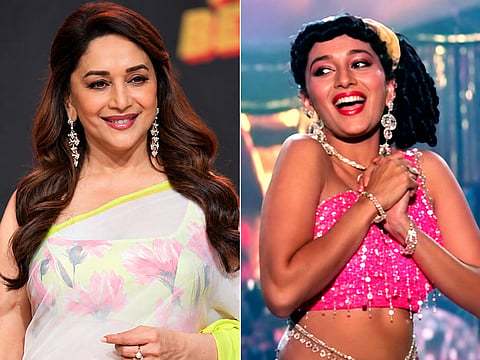 Madhuri Dixit in a recent photograph and in a still from her iconic ‘Ek Do Teen’ song in Tezaab (1988).