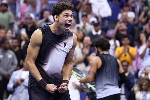 USA's Ben Shelton celebrates his win against Spain's Carlos Alcaraz during the men's singles quarter-final tennis match on day ten of the US Open tennis tournament at the USTA Billie Jean King National Tennis Center in New York City on September 9, 2026.