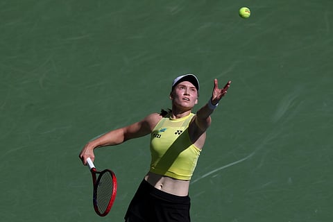 Elena Rybakina of Kazakhstan serves against Qinwen Zheng of China during their Women's Singles Quarterfinal match on Day Eleven of the 2026 US Open at USTA Billie Jean King National Tennis Center on September 09, 2026 in the Flushing neighborhood of the Queens borough of New York City.